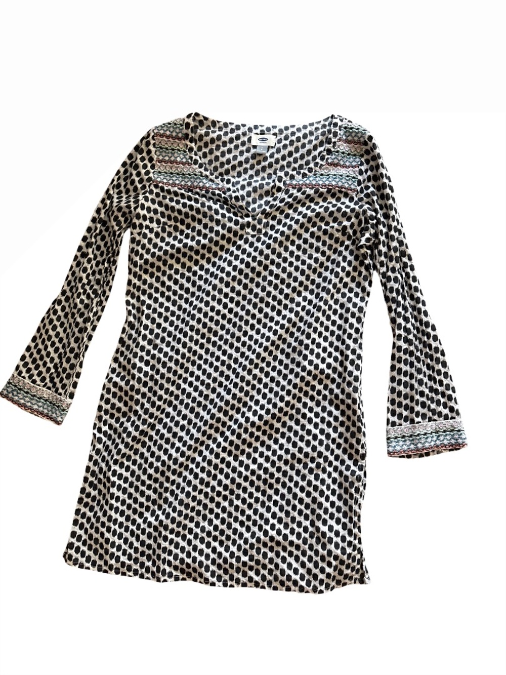 Old Navy Black & White Polka Dot V-Neck Dress with Embroidered Accents